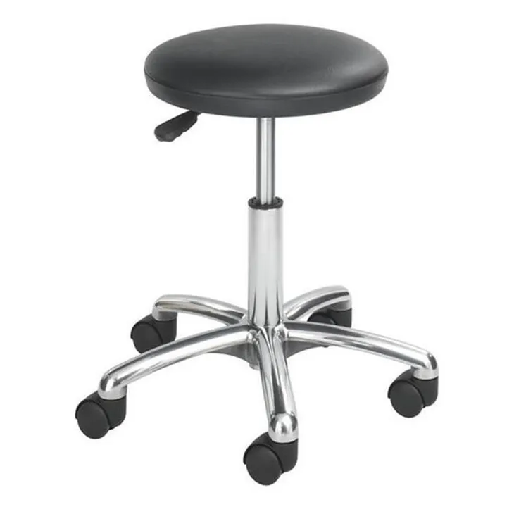 Height Adjustable School Lab Stool With Leather Seat & Casters – Metal Frame, Black